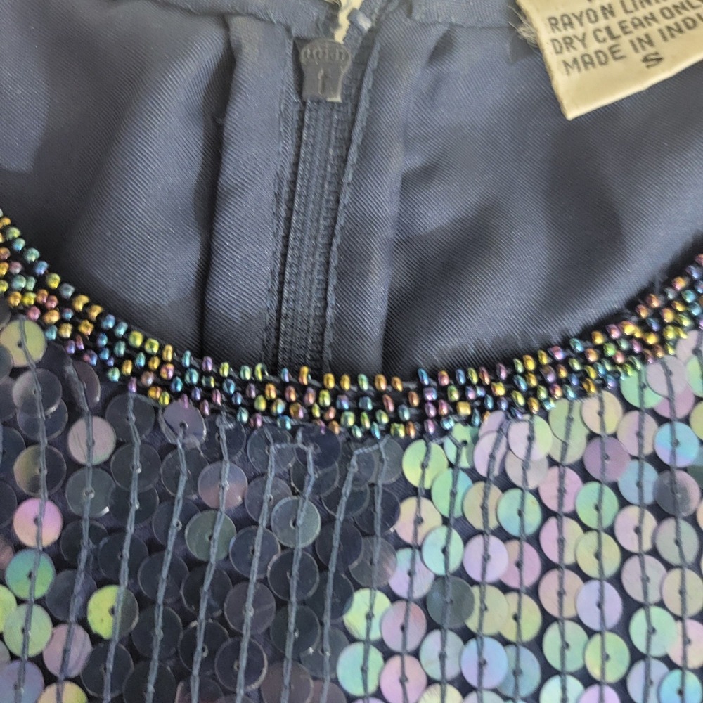 Vintage 100% Silk Blue Iridescent Sequin Beaded Mini Dress Short Sleeve Small - Picture 13 of 15